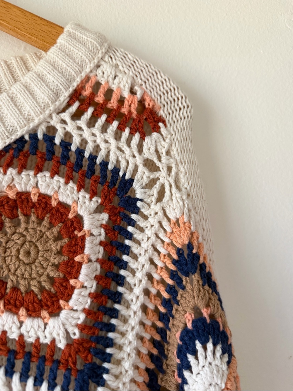 American Eagle Outfitters Crochet Square Pullover Sweater - White, Rust & Navy - Picture 6 of 9